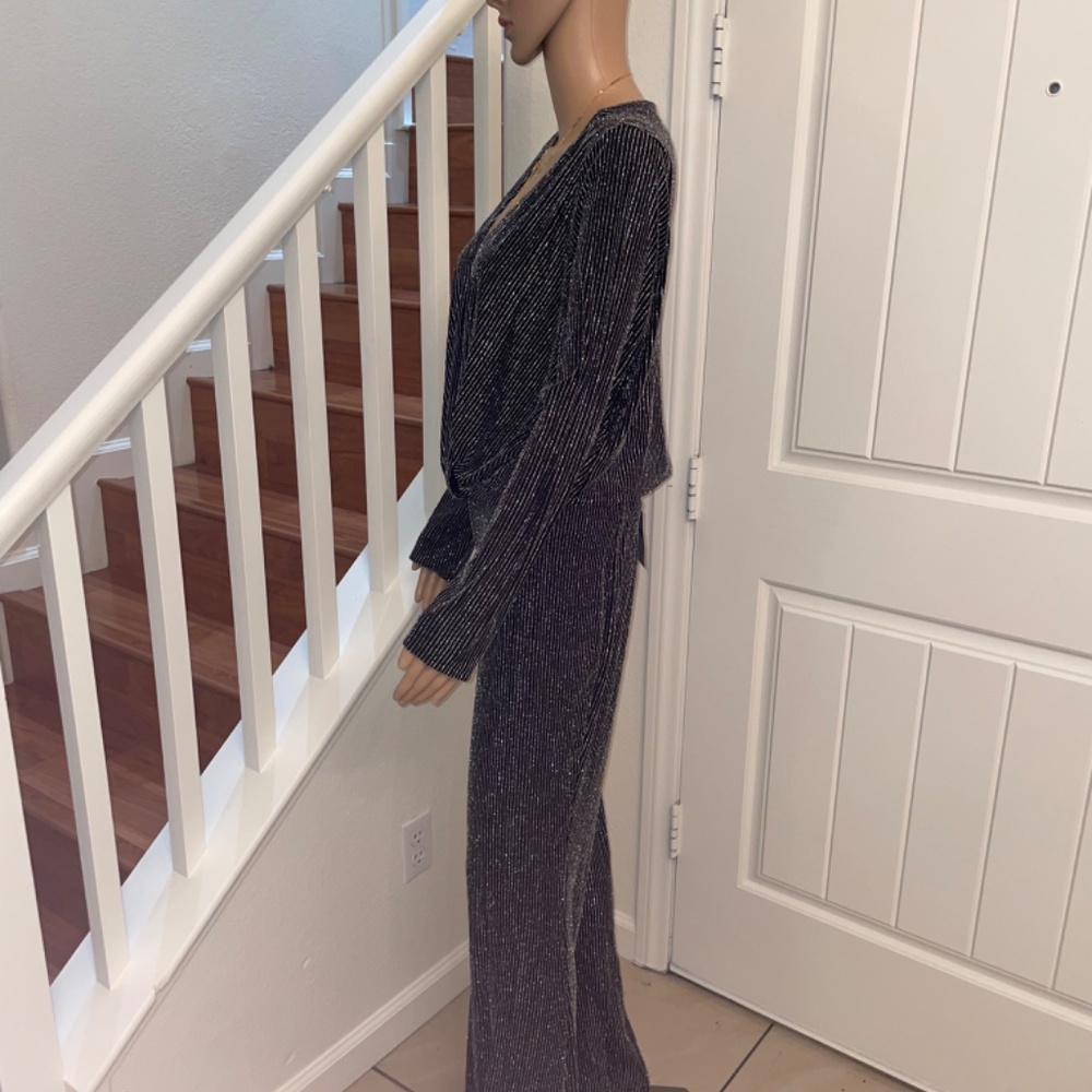 NWT Forever 21 Black with Silver Metallic Stripes Pant Set - Picture 2 of 4